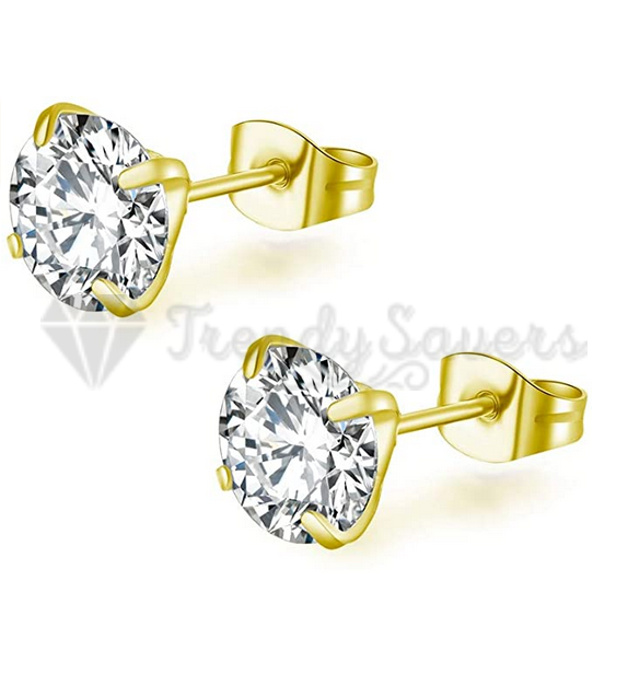 8MM Gold Plated Round Cut Clear Cubic Zirconia Stud Earrings
