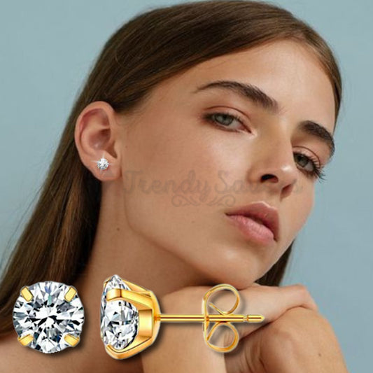 8MM Gold Plated Round Cut Clear Cubic Zirconia Stud Earrings Women's Jewellery