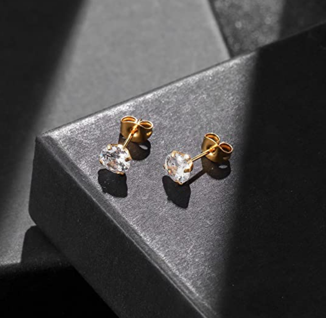 8MM Gold Plated Round Cut Clear Cubic Zirconia Stud Earrings Women's Jewellery