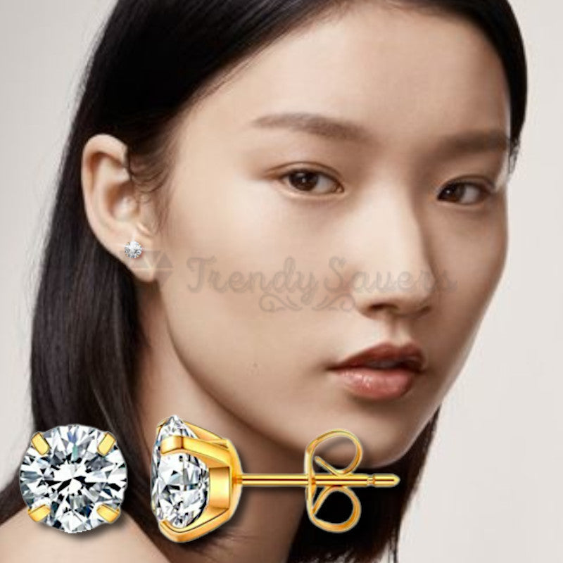 Gold Plated Surgical Steel 7MM Crystal Sparkling Round CZ Stud Earrings Jewelry