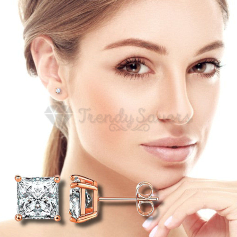 18ct Rose Gold Plated Crystal Cubic Zirconia Square Shaped Stud Earrings Jewelry