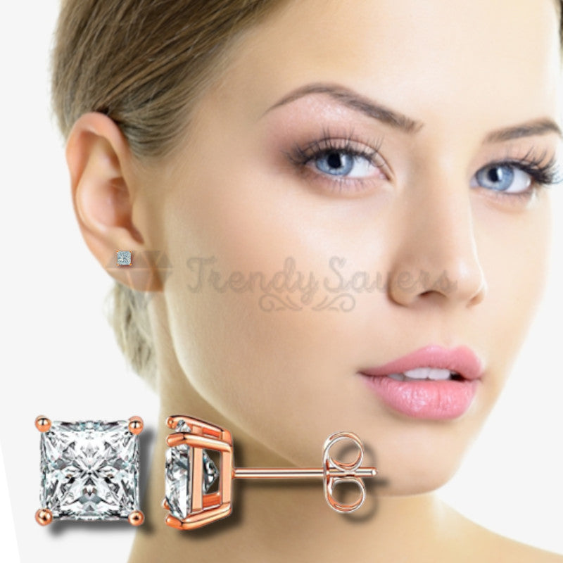 Hypoallergenic Rose Gold Plated 4MM Square Cut Cubic Zirconia Ear Studs Earrings