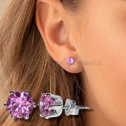 6MM Wide Pink Cubic Zirconia Cartilage Studs Earrings Fashion Women UK Jewelry