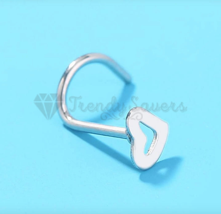 1x Silver Tone Heart Love Style Curved Pin Nose Stud Nail Earrings Body Piercing