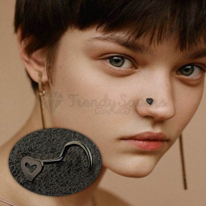 1x Black Punk Hollow Open Heart Ear Body Piercing Nose Rings Curved Pin Bar Stud