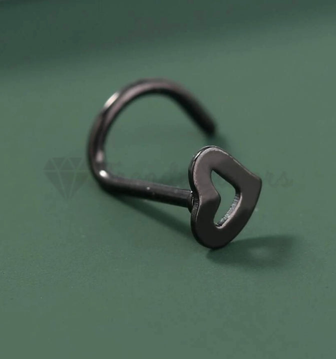 1x Black Punk Hollow Open Heart Ear Body Piercing Nose Rings Curved Pin Bar Stud