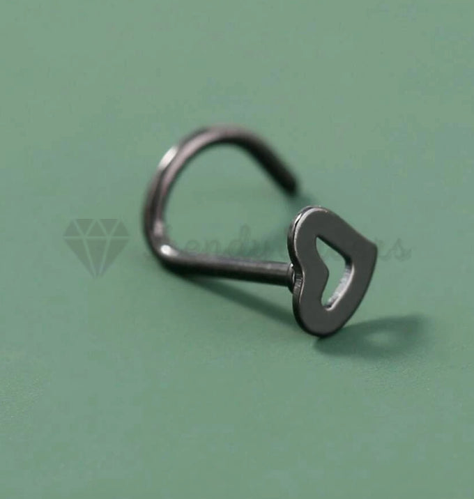1x Black Punk Hollow Open Heart Ear Body Piercing Nose Rings Curved Pin Bar Stud