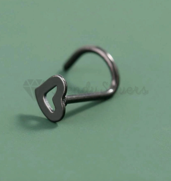 1x Black Punk Hollow Open Heart Ear Body Piercing Nose Rings Curved Pin Bar Stud