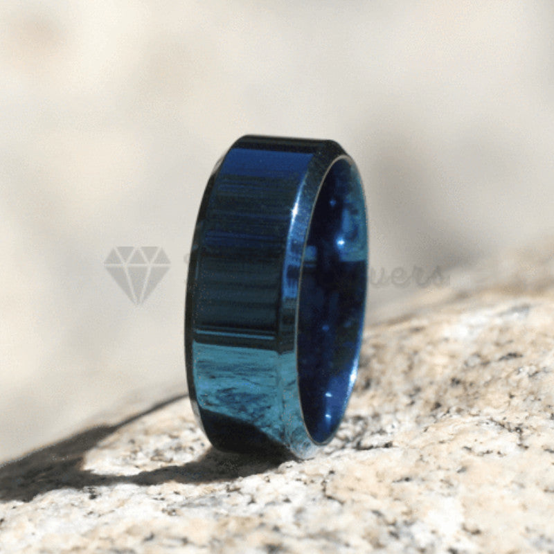 Couple Domed Wedding Engagement Ring Brushed Matte Blue Band Size 6 (16mm) L - M