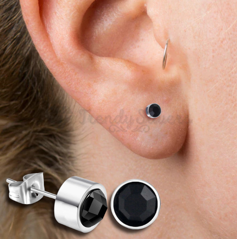 Stainless Steel 3MM Round Black Crystal Bezel Set Stud Earrings Piercing Jewelry