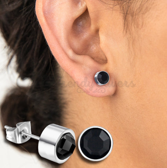 8MM Large Round Cut Black Crystal Bezel Set Surgical Steel Stud Earrings Jewelry