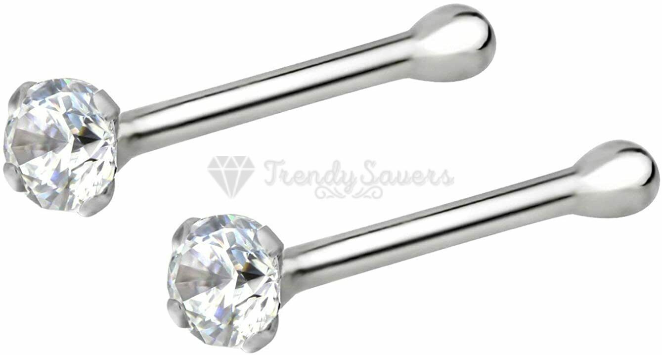 925 Sterling Silver Tiny Nose Ring Bone Stud 2MM White Cubic Zirconia Crystals
