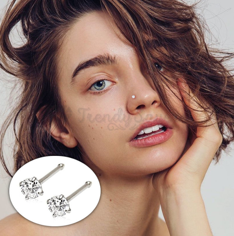 925 Sterling Silver Tiny Nose Ring Bone Stud 2MM White Cubic Zirconia Crystals