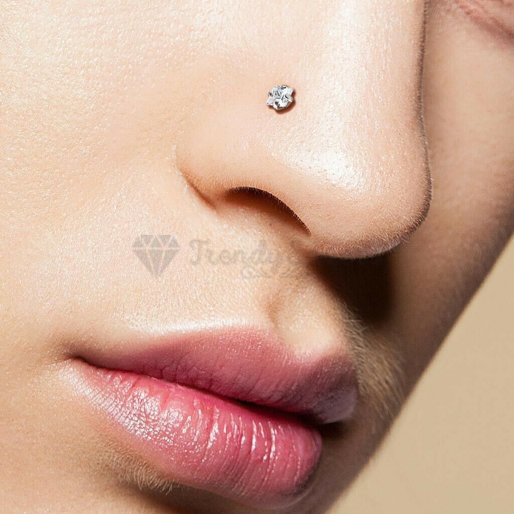 925 Sterling Silver Tiny Nose Ring Bone Stud 2MM White Cubic Zirconia Crystals