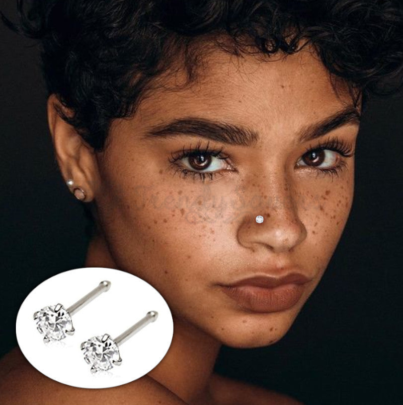 3MM Round Small Cubic Zirconia White Crystal Nose Ring Studs Stud Bar Piercing