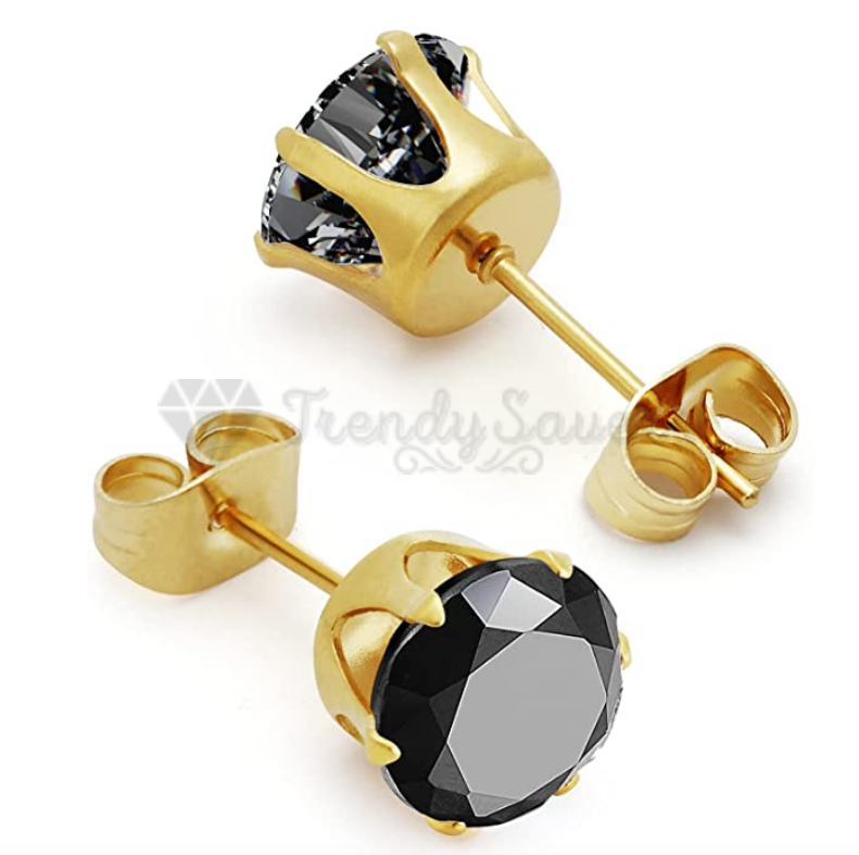 8MM Big Cartilage Helix Gold Plated Black Crystal Studs Earrings Surgical Steel
