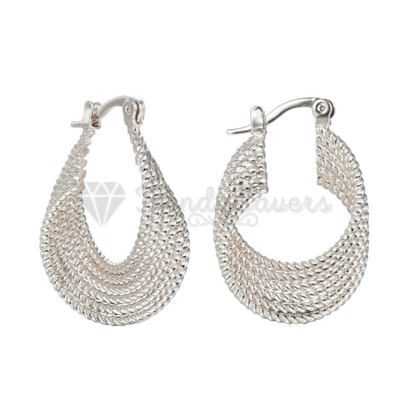 Hypoallergenic 925 Sterling Silver Plated Twisted Pearl Design Hoop Stud Fashion Trend Earrings