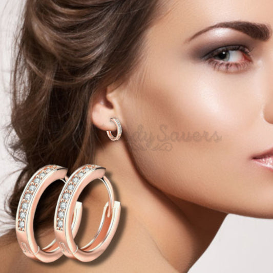 18ct Rose Gold Plated Cubic Zirconia Small Sleeper Hoops Huggie Hinged Earrings