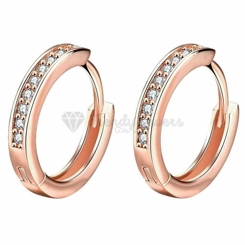 18ct Rose Gold Plated Cubic Zirconia Small Sleeper Hoops Huggie Hinged Earrings