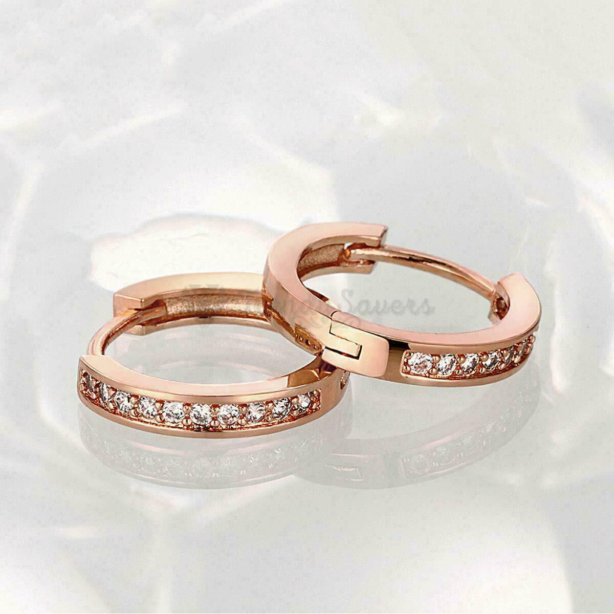 18ct Rose Gold Plated Cubic Zirconia Small Sleeper Hoops Huggie Hinged Earrings