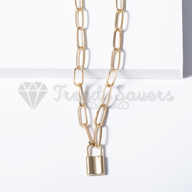 Padlock Charm Pendant Paperclip Link Chain Stainless Steel Gold Filled Necklace