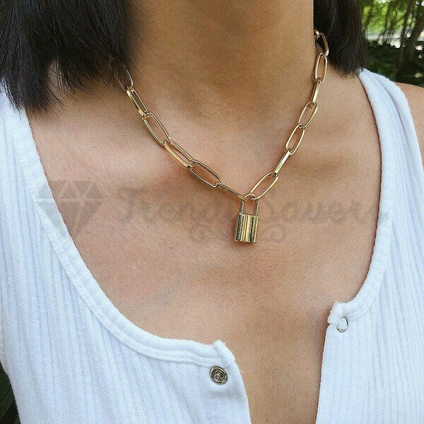 Padlock Charm Pendant Paperclip Link Chain Stainless Steel Gold Filled Necklace