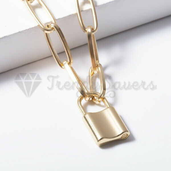 Padlock Charm Pendant Paperclip Link Chain Stainless Steel Gold Filled Necklace