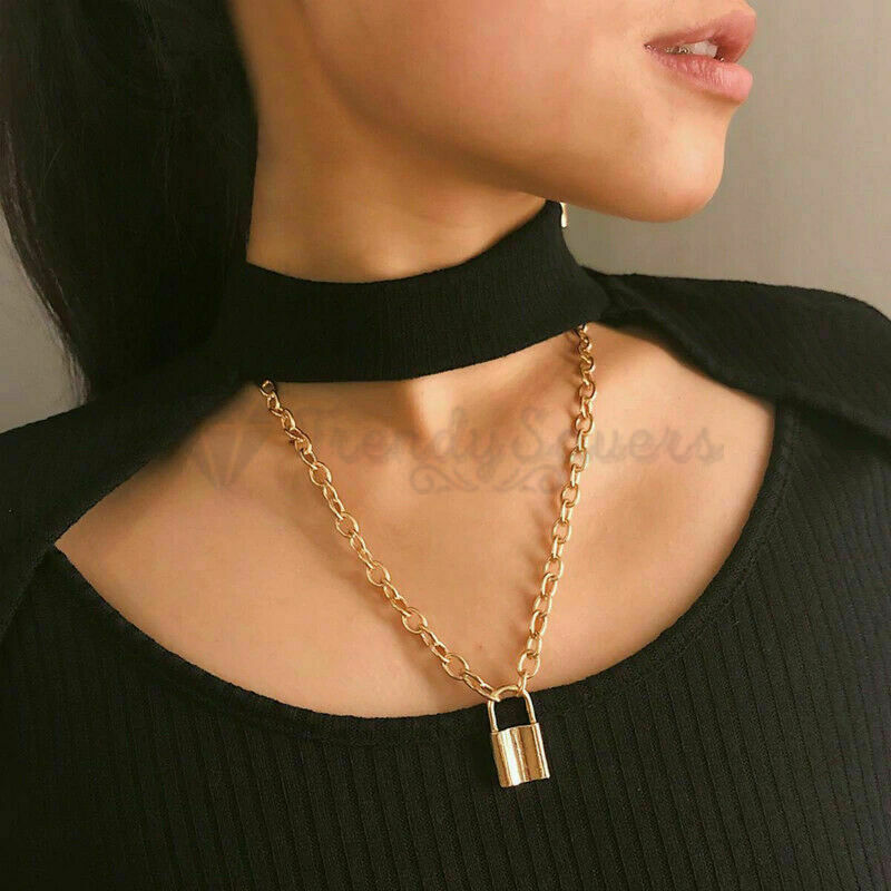 Padlock Charm Pendant Paperclip Link Chain Stainless Steel Gold Filled Necklace