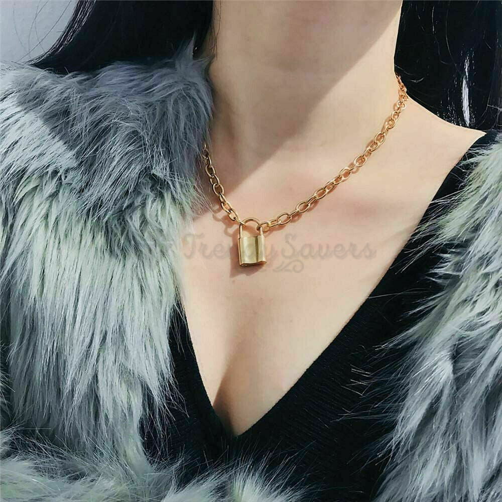 Padlock Charm Pendant Paperclip Link Chain Stainless Steel Gold Filled Necklace
