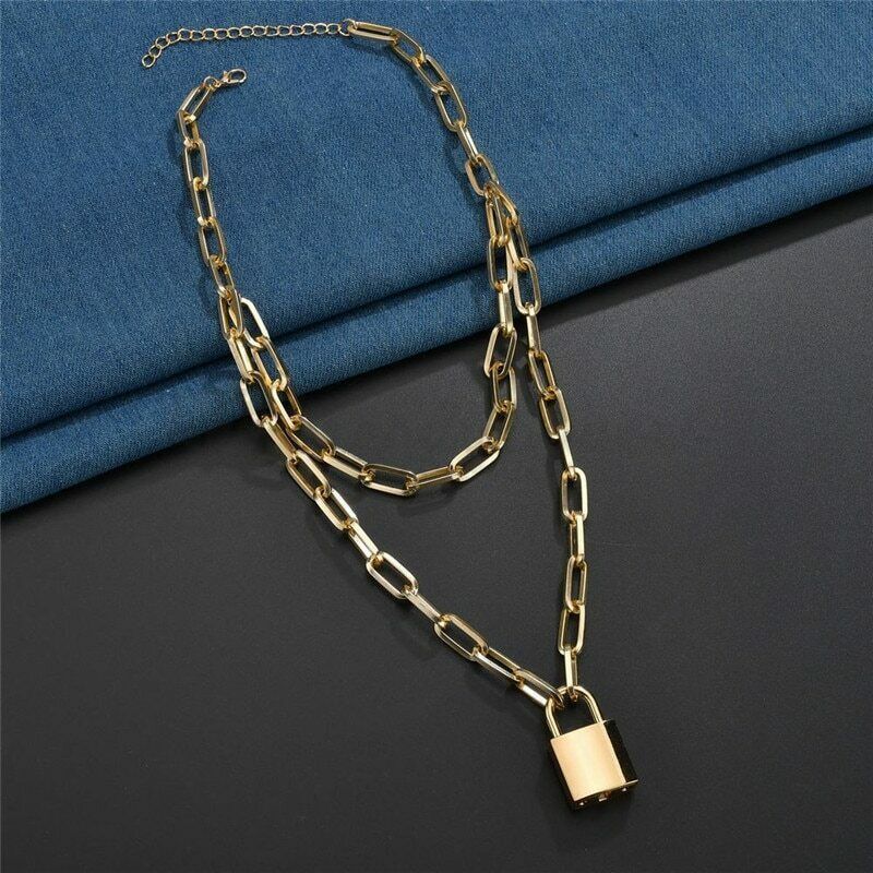 Padlock Charm Pendant Paperclip Link Chain Stainless Steel Gold Filled Necklace