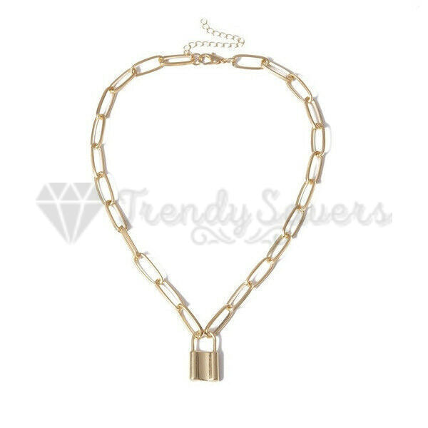 Padlock Charm Pendant Paperclip Link Chain Stainless Steel Gold Filled Necklace