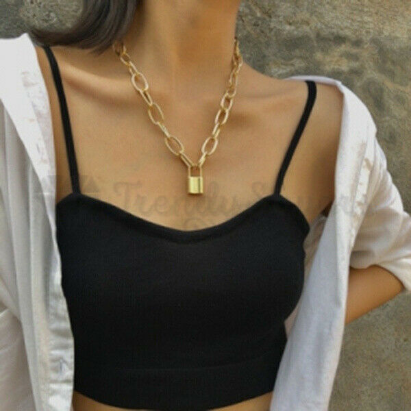 Padlock Charm Pendant Paperclip Link Chain Stainless Steel Gold Filled Necklace