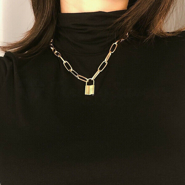 Padlock Charm Pendant Paperclip Link Chain Stainless Steel Gold Filled Necklace