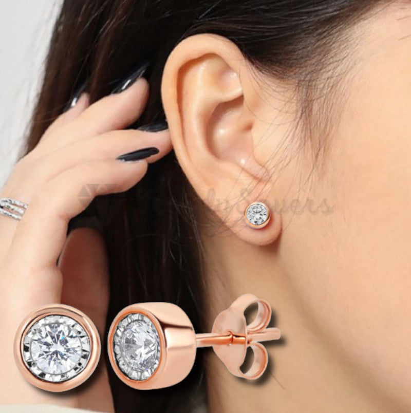 6MM Classic Round Solitaire Cubic Zirconia Rose Gold Ear Stud Earrings Piercing