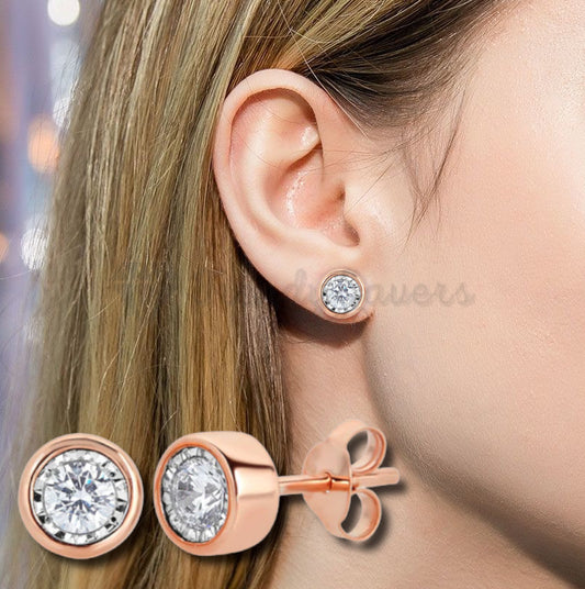 Women's Dainty Clear Cubic Zirconia Rose Gold Stud Earrings Fashion Jewelry 7MM