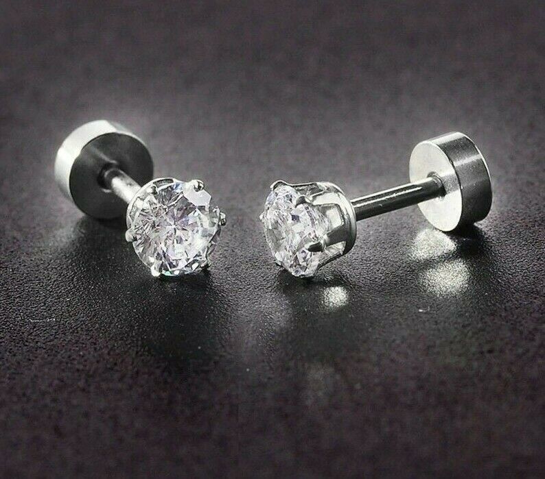 7MM Silver Clear Round Cubic Zirconia CZ Stud Earrings Fashion Women UK Jewelry
