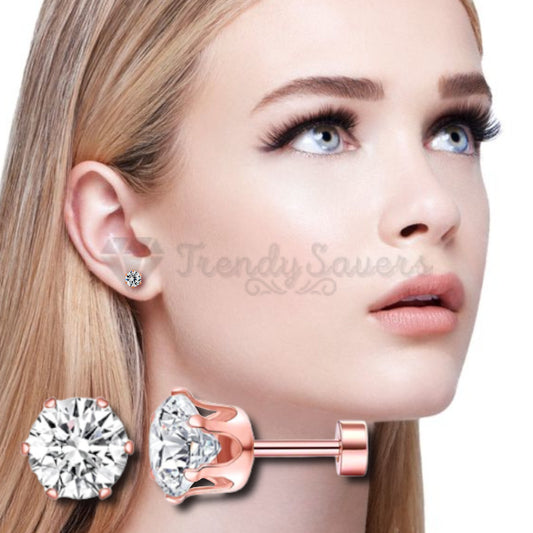 Rose Gold Screw Back Stud Earrings Cartilage Helix 6MM Cubic Zirconia Ear Studs