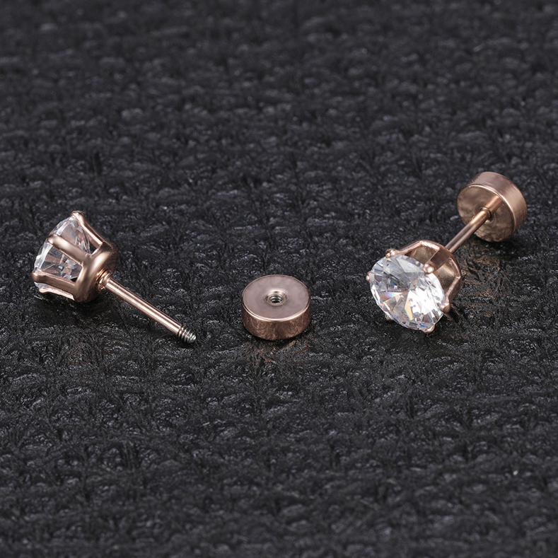 8MM Round Cubic Zirconia CZ Rose Gold Stainless Steel Ear Stud Piercing Earrings