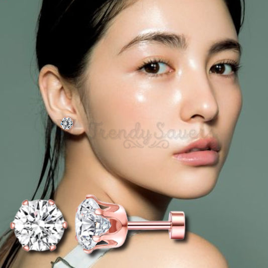 8MM Round Cubic Zirconia CZ Rose Gold Stainless Steel Ear Stud Piercing Earrings