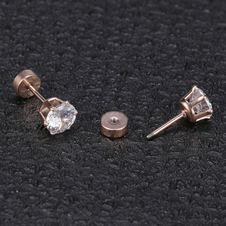 8MM Round Cubic Zirconia CZ Rose Gold Stainless Steel Ear Stud Piercing Earrings