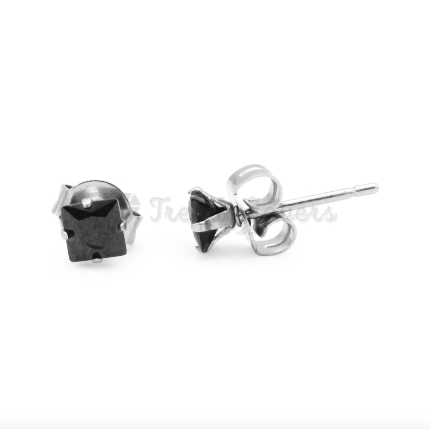 3MM Tiny Cubic Zirconia Black Punk Square Stud Real 925 Sterling Silver Earrings