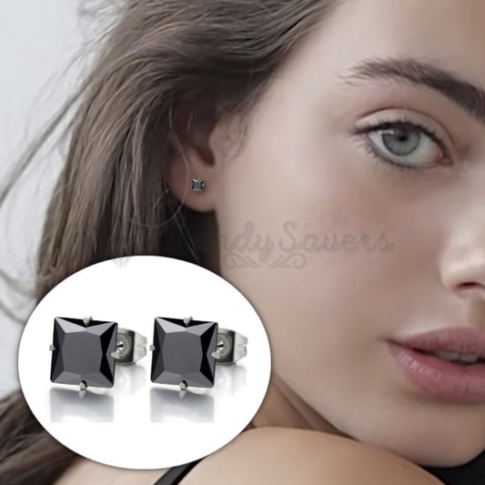 3MM Tiny Cubic Zirconia Black Punk Square Stud Real 925 Sterling Silver Earrings