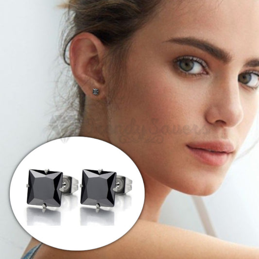 4MM Simple Black Polished Square Shaped CZ Stud Earrings Unisex Fashion Jewelry