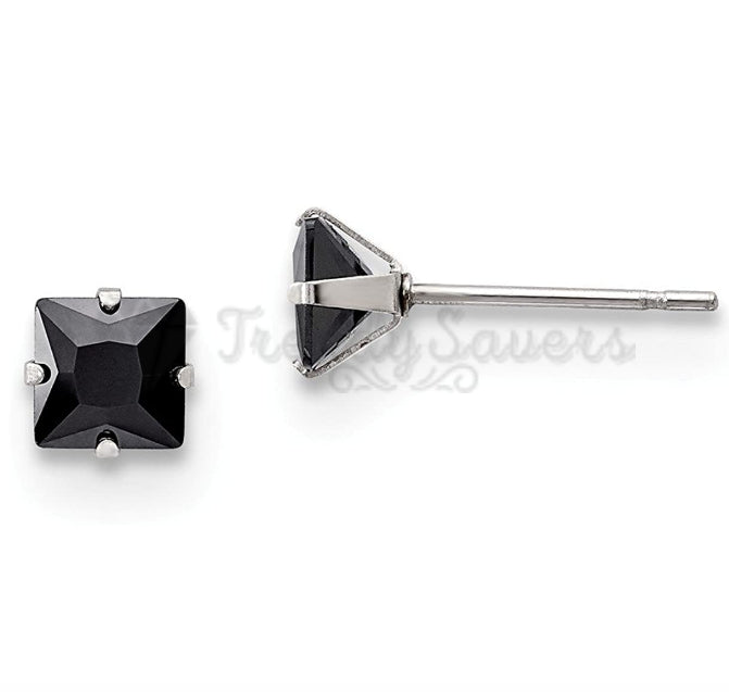 4MM Simple Black Polished Square Shaped CZ Stud Earrings Unisex Fashion Jewelry