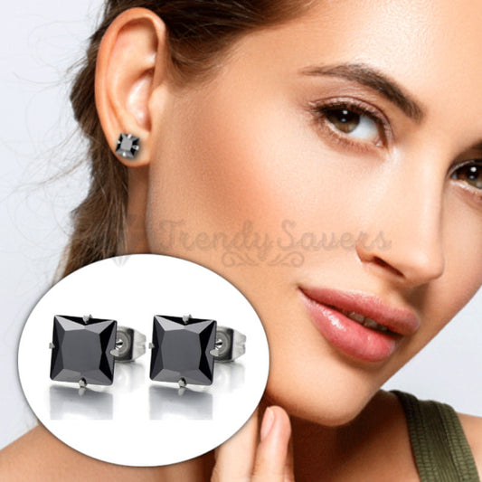 8MM Genuine 925 Sterling Silver Black Square Cut Cubic Zircon Ear Stud Earrings