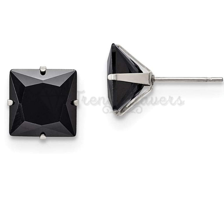 8MM Genuine 925 Sterling Silver Black Square Cut Cubic Zircon Ear Stud Earrings