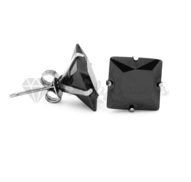 8MM Genuine 925 Sterling Silver Black Square Cut Cubic Zircon Ear Stud Earrings