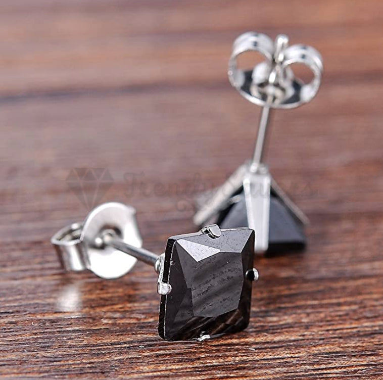 8MM Genuine 925 Sterling Silver Black Square Cut Cubic Zircon Ear Stud Earrings