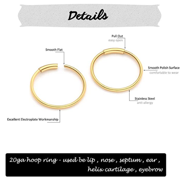 2X Sterling Silver Labret Hinged Hoop Tiny Gold Cartilage Lip Ear Nose Ring 10MM