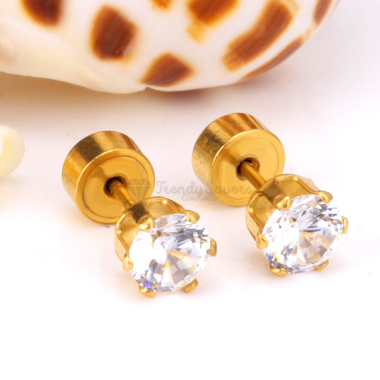 7MM Pair Elegant Gold Plated Cartilage Solitaire CZ Cubic Zirconia Stud Earrings